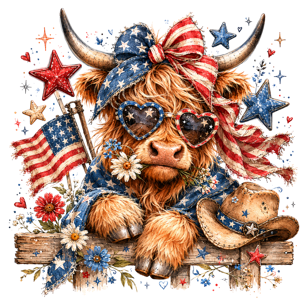 Patriotic Highland Cow DTF Transfer – Red White and Blue Western Print