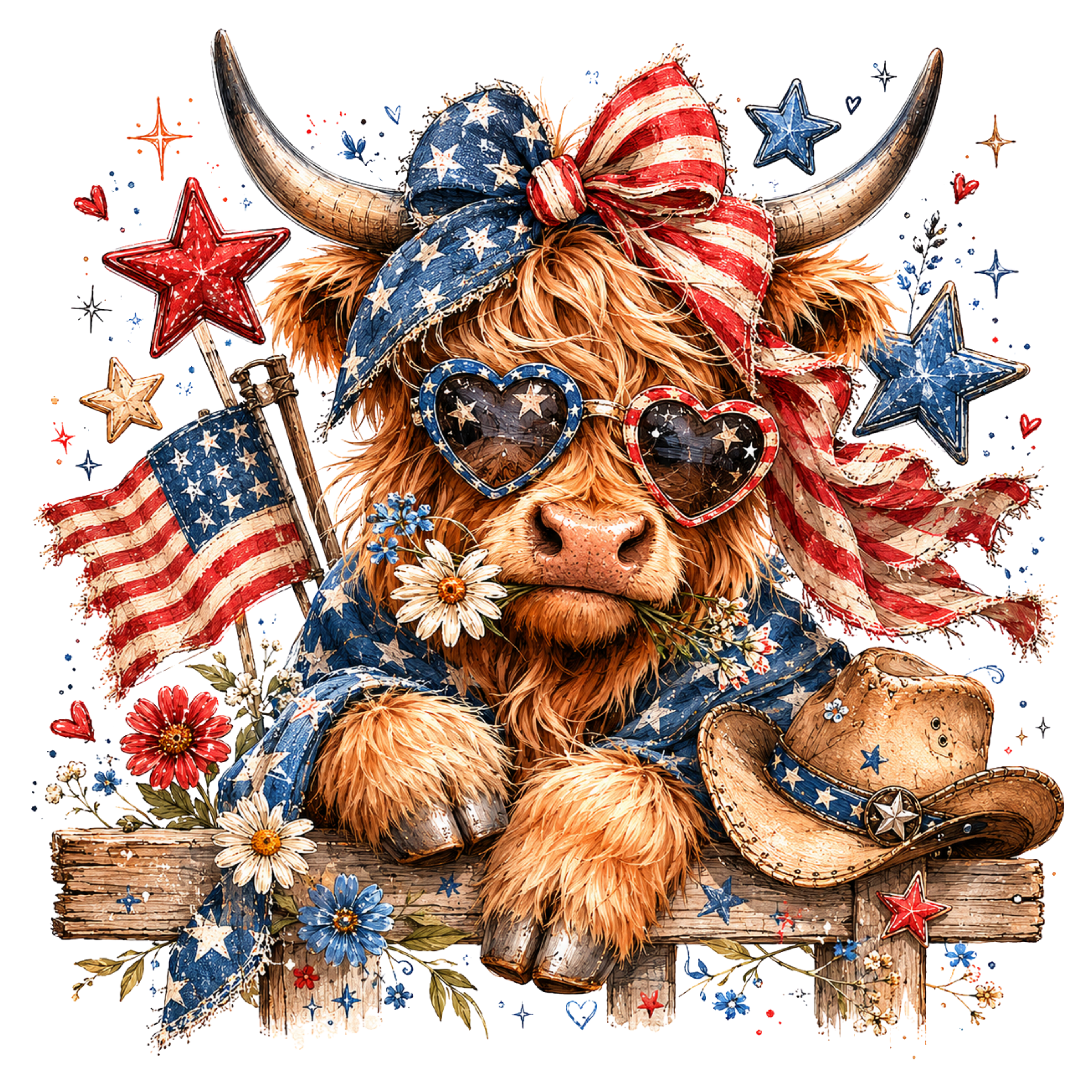 Patriotic Highland Cow DTF Transfer – Red White and Blue Western Print