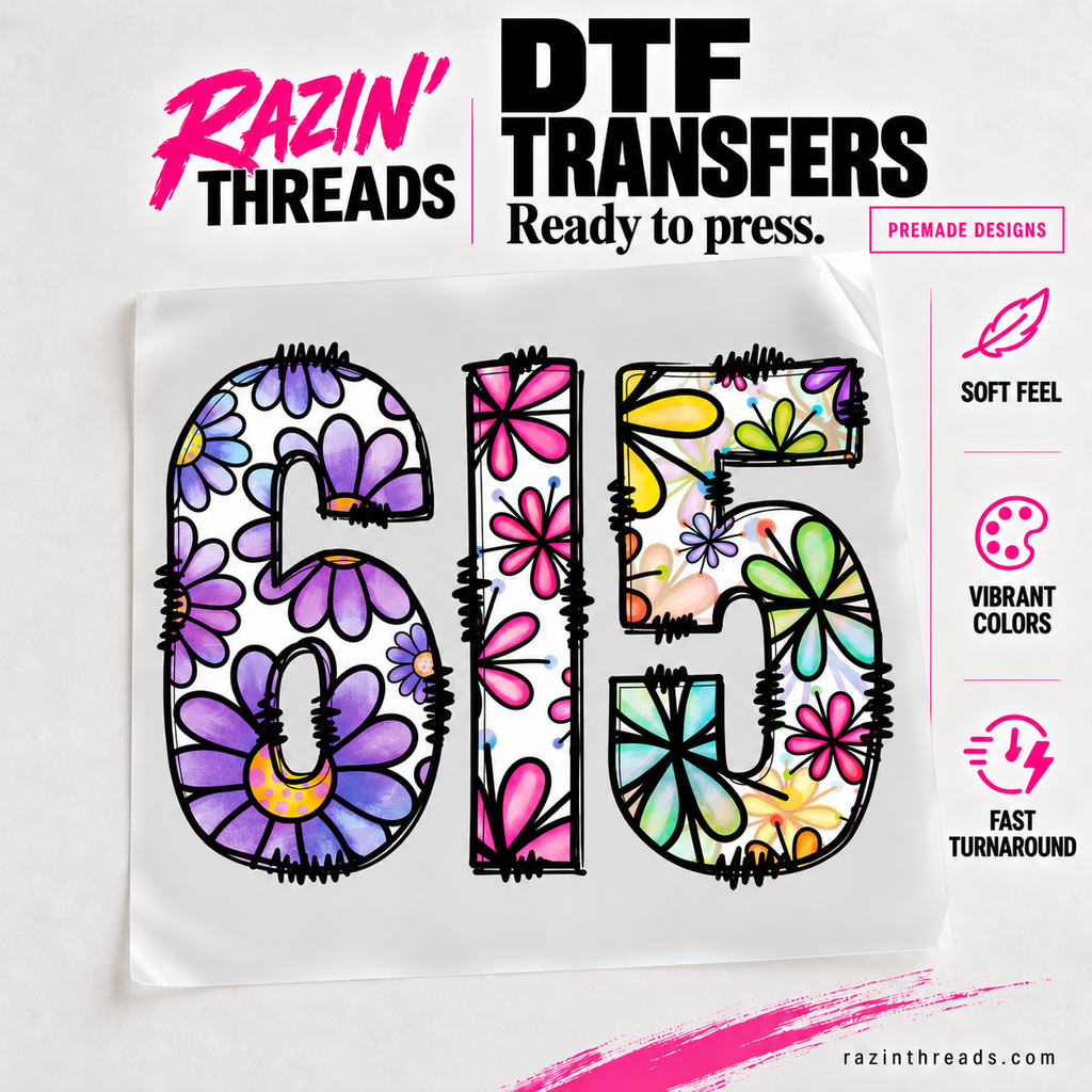 615 Daisy DTF Transfer – Purple Floral Nashville Print on transfer film with Razin’ Threads branding