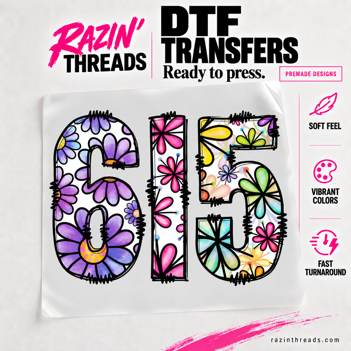615 Daisy DTF Transfer – Purple Floral Nashville Print on transfer film with Razin’ Threads branding