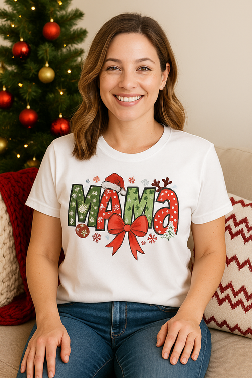 Model wearing Christmas MAMA holiday graphic tee