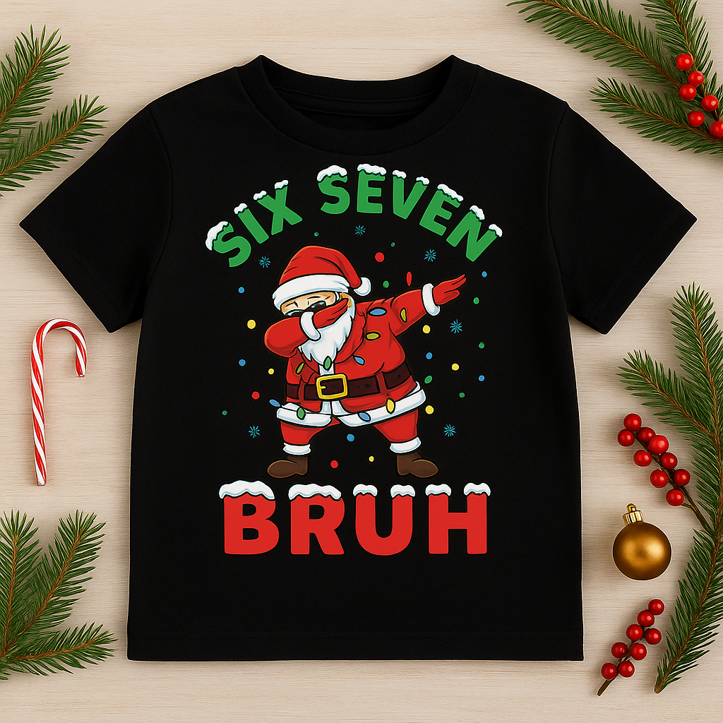 Kids “Six Seven Bruh” Christmas Santa Dab Tee image 0