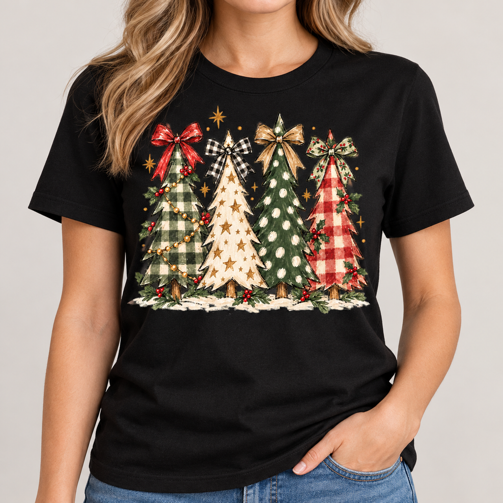 Christmas trees and bows graphic on a black tee, shown on model