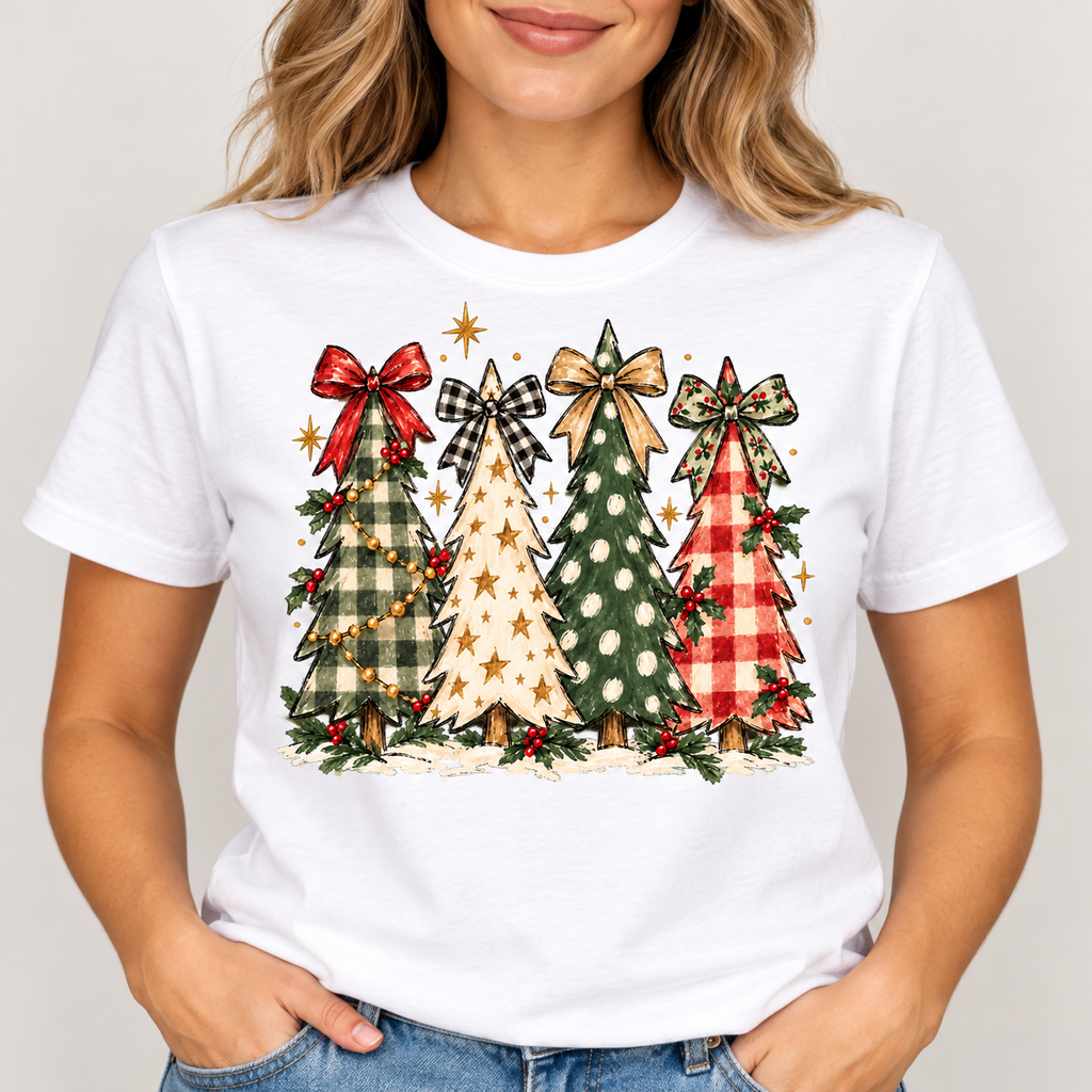 Christmas trees and bows graphic on a white tee