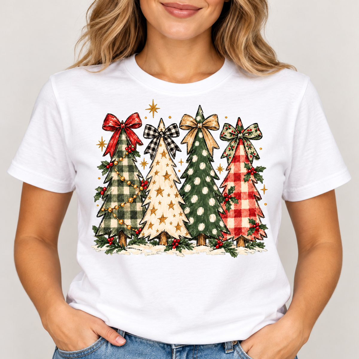 Christmas trees and bows graphic on a white tee