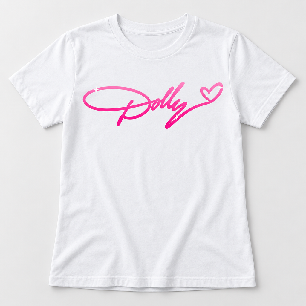 Dolly pink script graphic tee in white