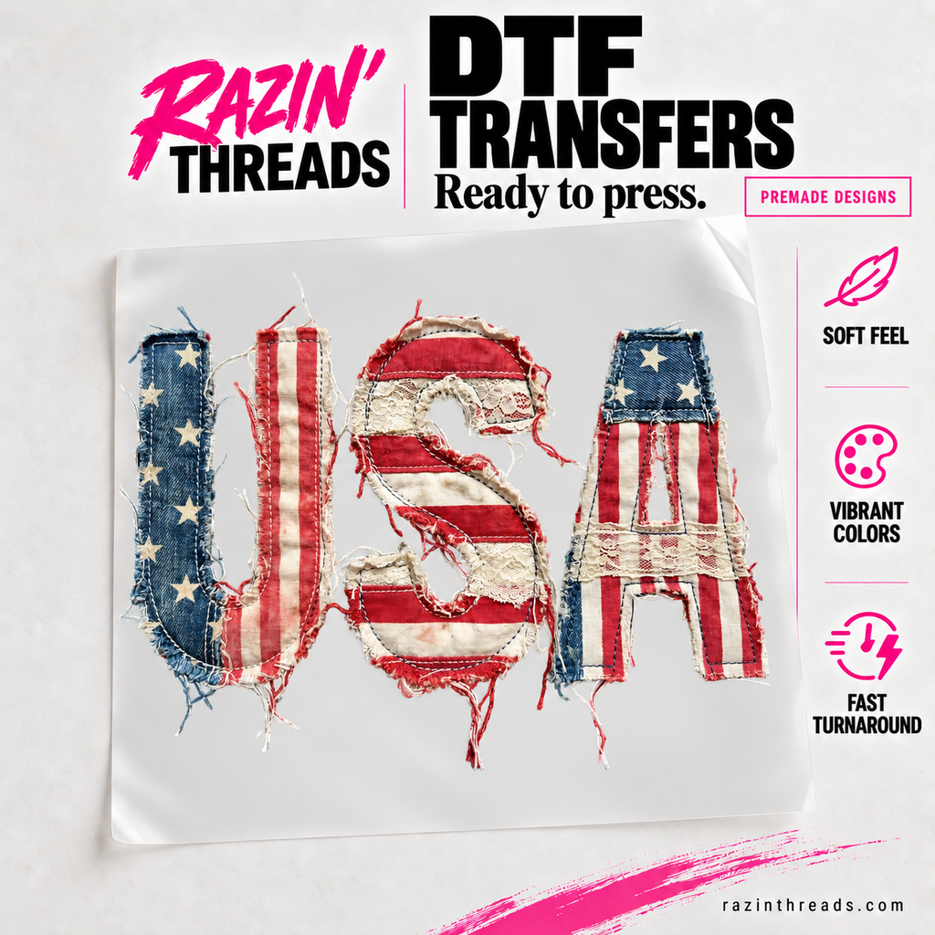 Fabric USA DTF Transfer – Patriotic Patchwork Letter Print on transfer film with Razin’ Threads branding