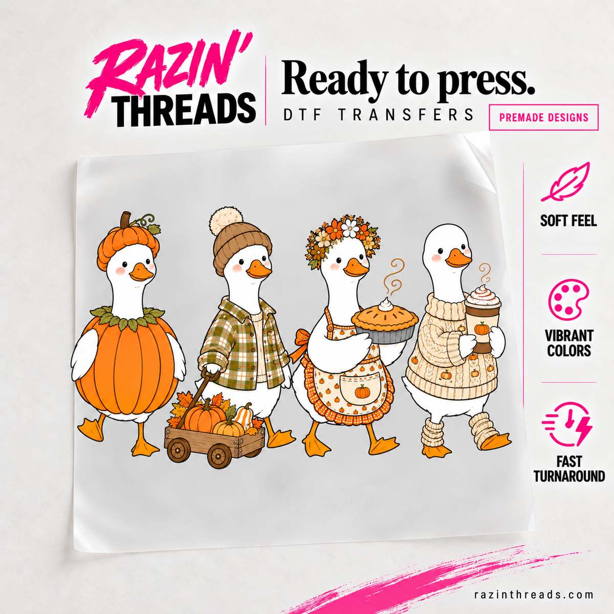 Fall Ducks DTF Transfer shown on transfer film with Razin’ Threads branding.