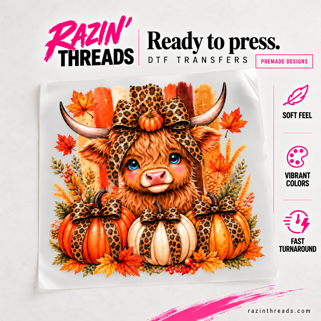 Fall Highland Cow DTF Transfer shown on transfer film with Razin’ Threads branding.