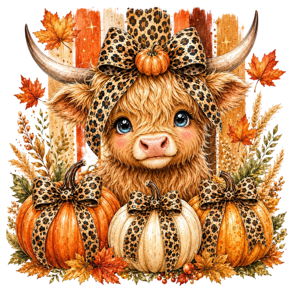 Fall Highland Cow Pumpkin DTF transfer design