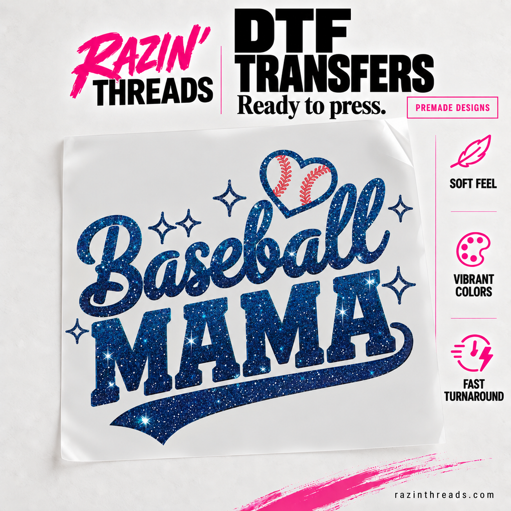 Glitter Baseball Mama DTF Transfer – Sparkle Game Day Print on transfer film with Razin’ Threads branding