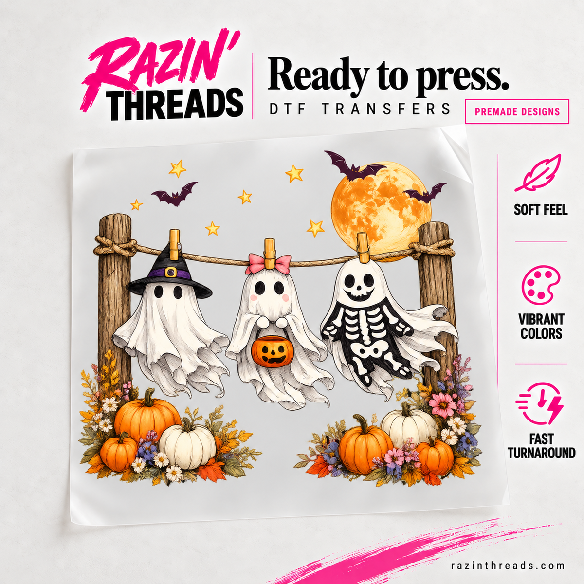 Hanging Ghosts DTF Transfer shown on transfer film with Razin’ Threads branding.