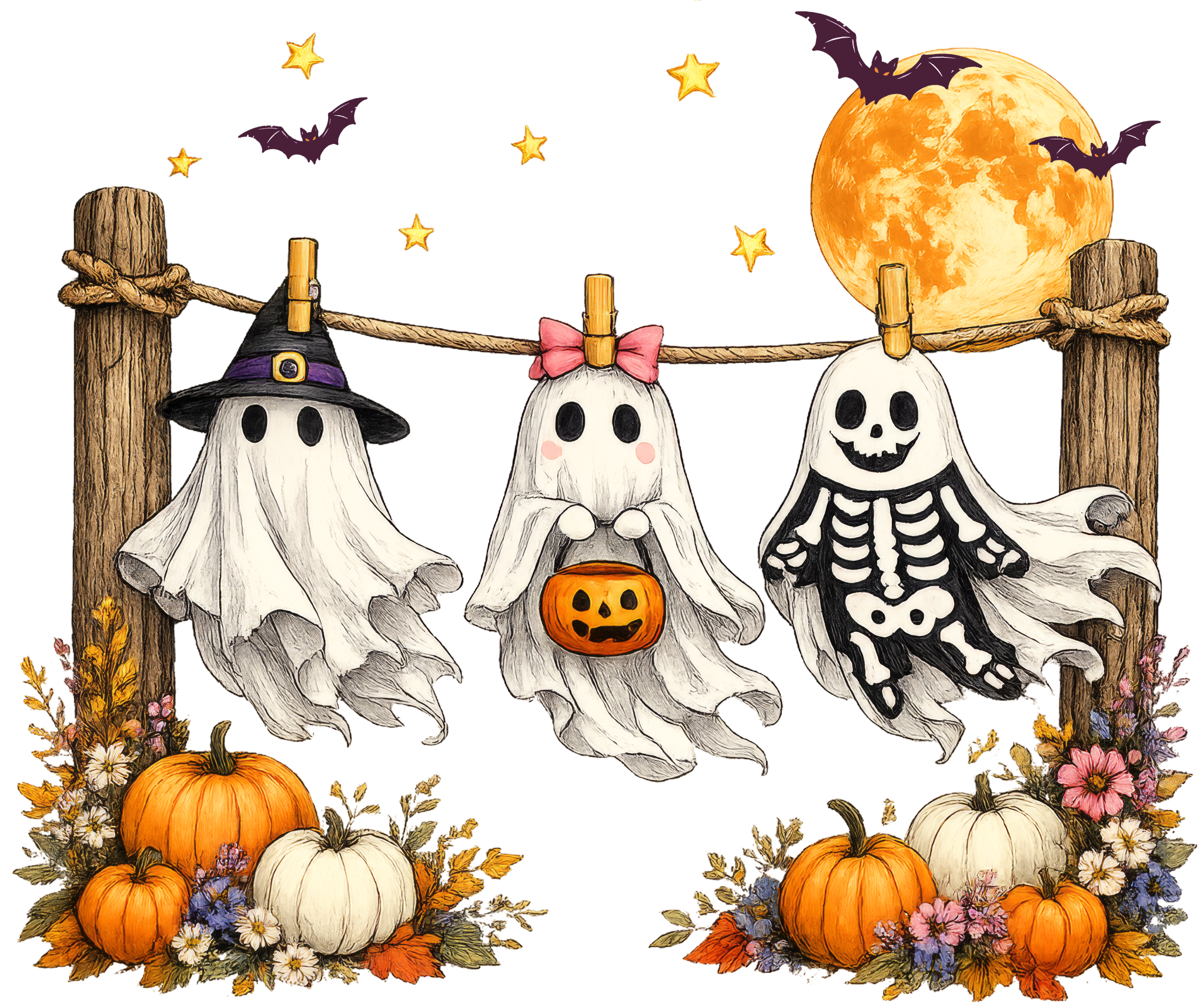 Hanging Ghosts Halloween DTF transfer design