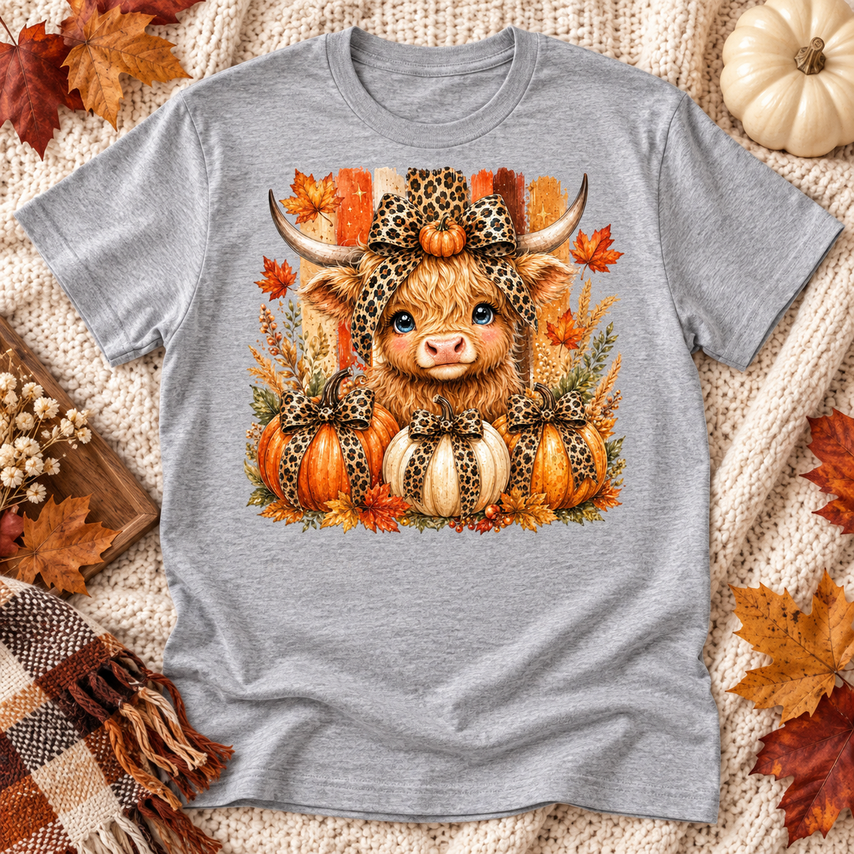 Highland Cow Fall heather gray shirt mockup