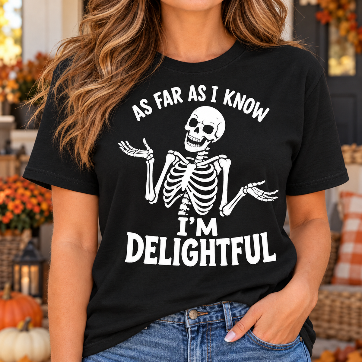 Black As Far As I Know I'm Delightful skeleton graphic tee on model