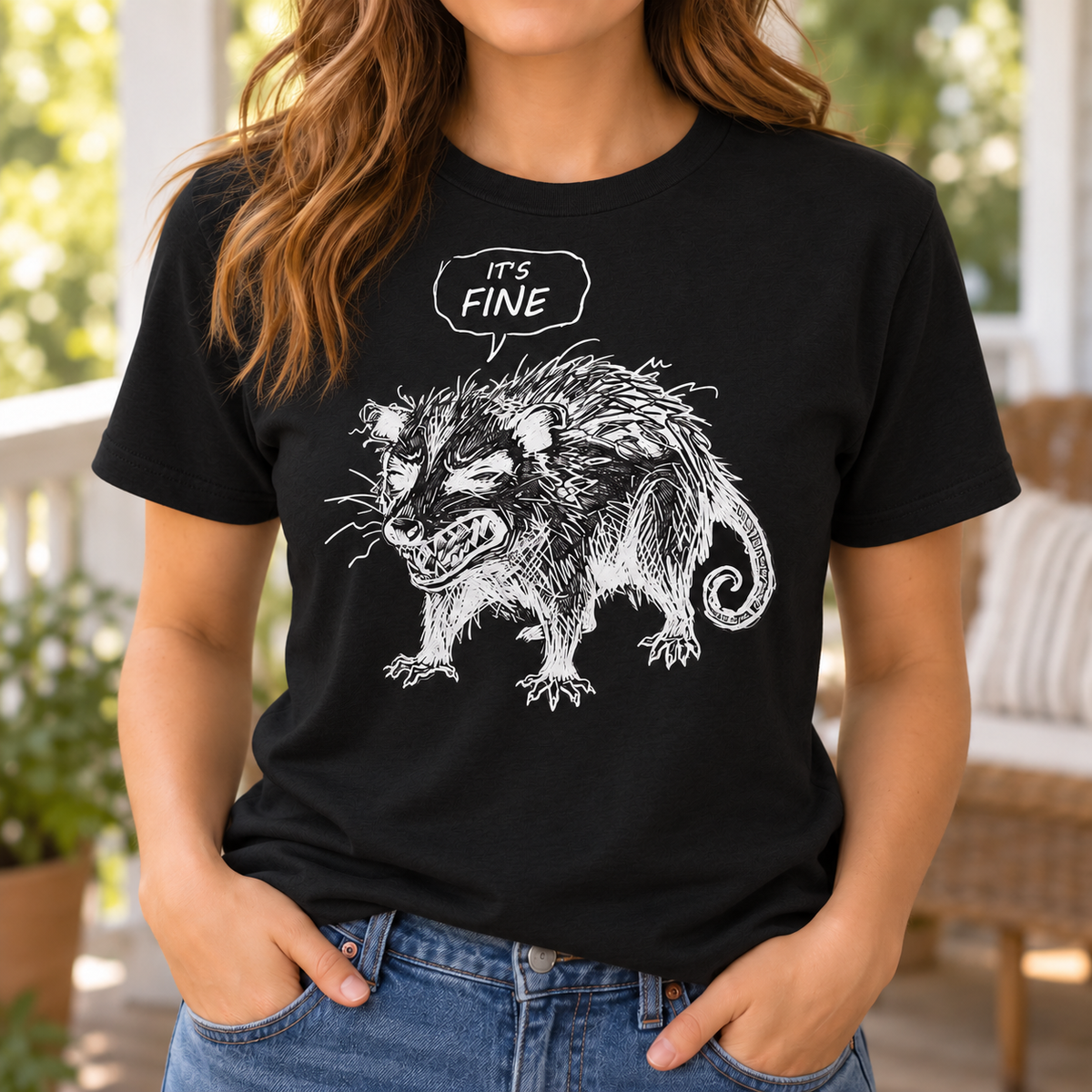 Black It's Fine possum graphic tee with white artwork