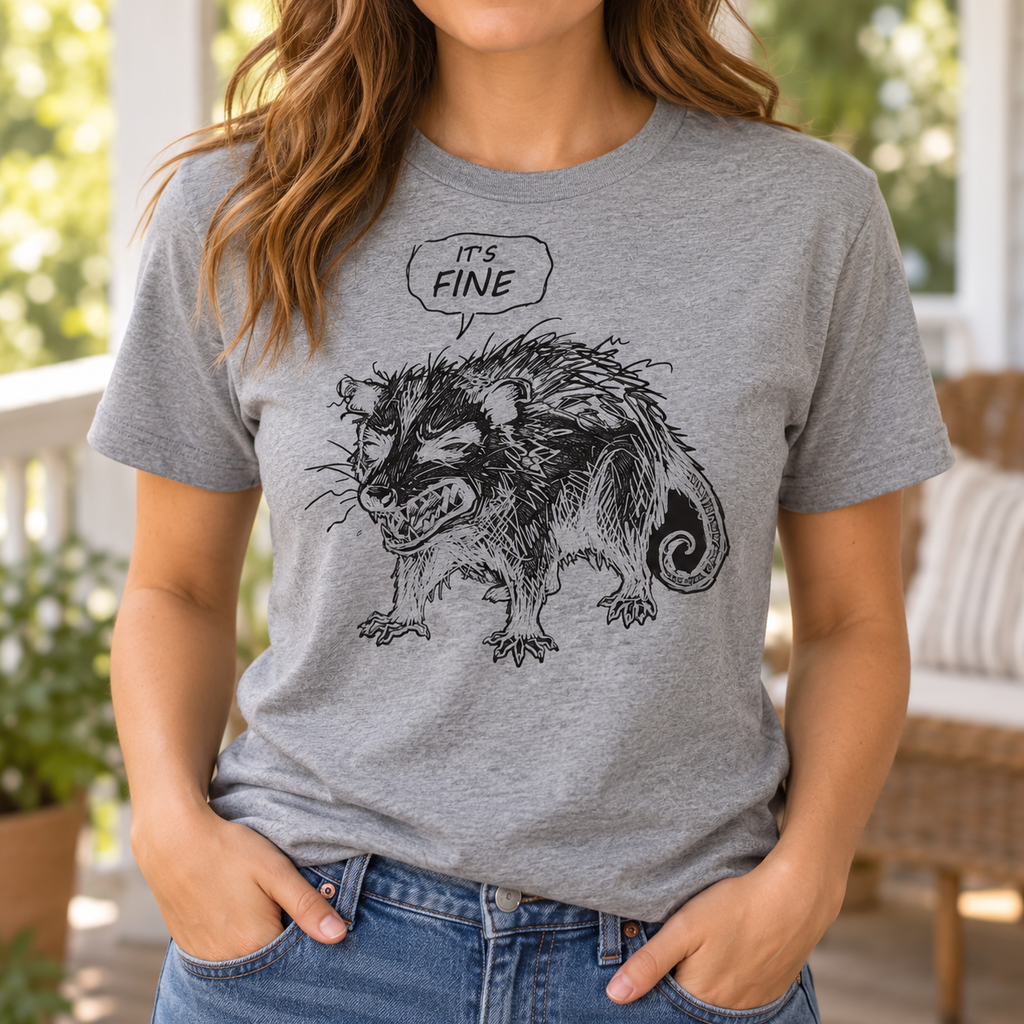 Gray It's Fine possum graphic tee with black artwork