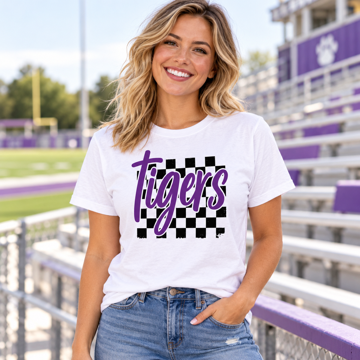 Model wearing Watertown Tigers Retro Graphic Tee – School Spirit Shirt