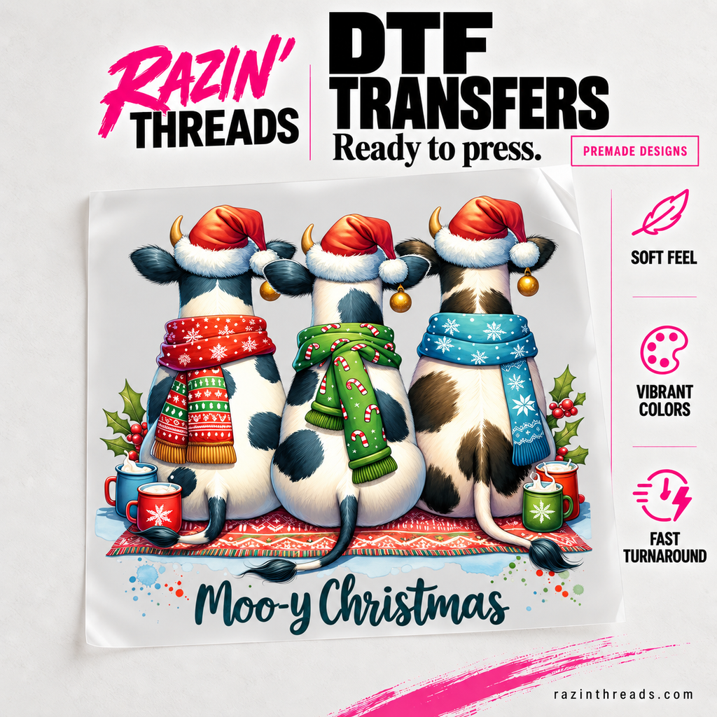 Moo-y Christmas cow design on transfer film with bold DTF Transfers heading and Razin’ Threads branding.