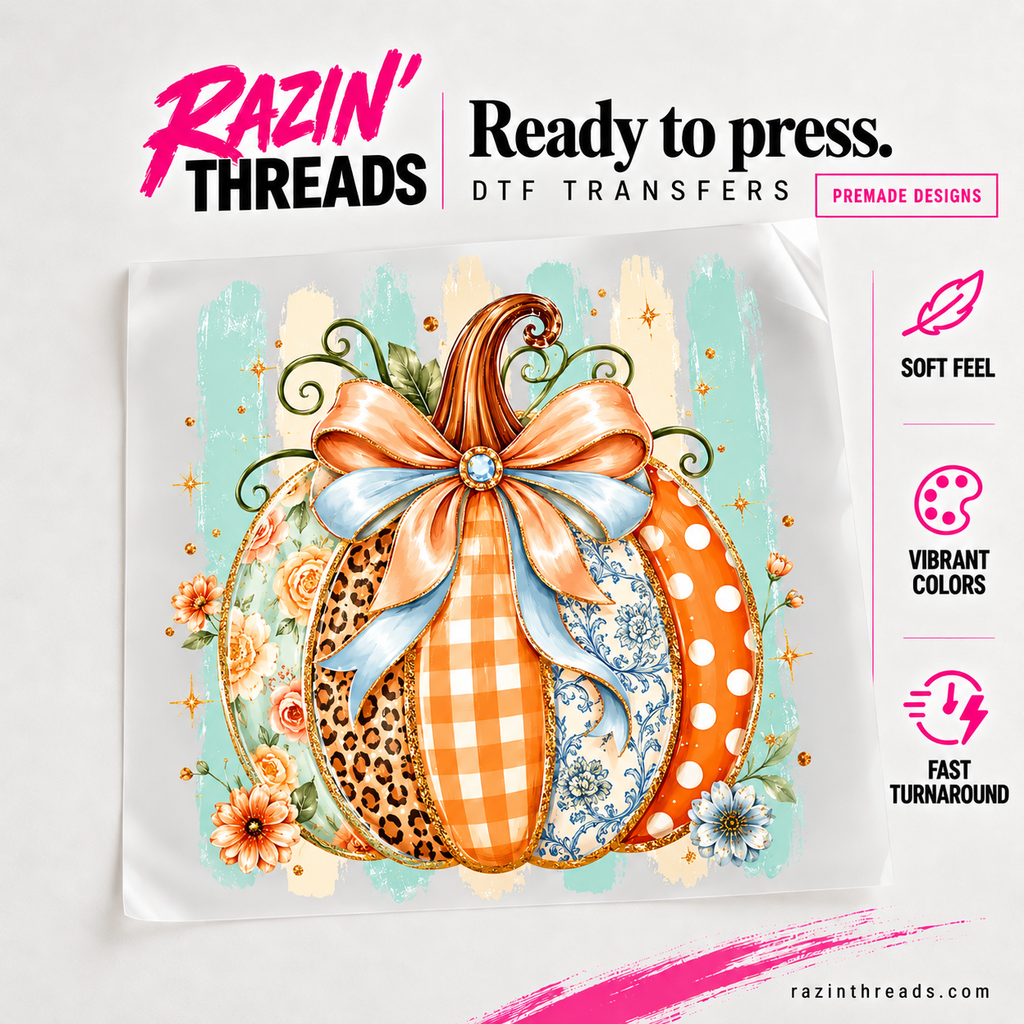 Patchwork Fall Pumpkin DTF Transfer shown on transfer film with Razin’ Threads branding.