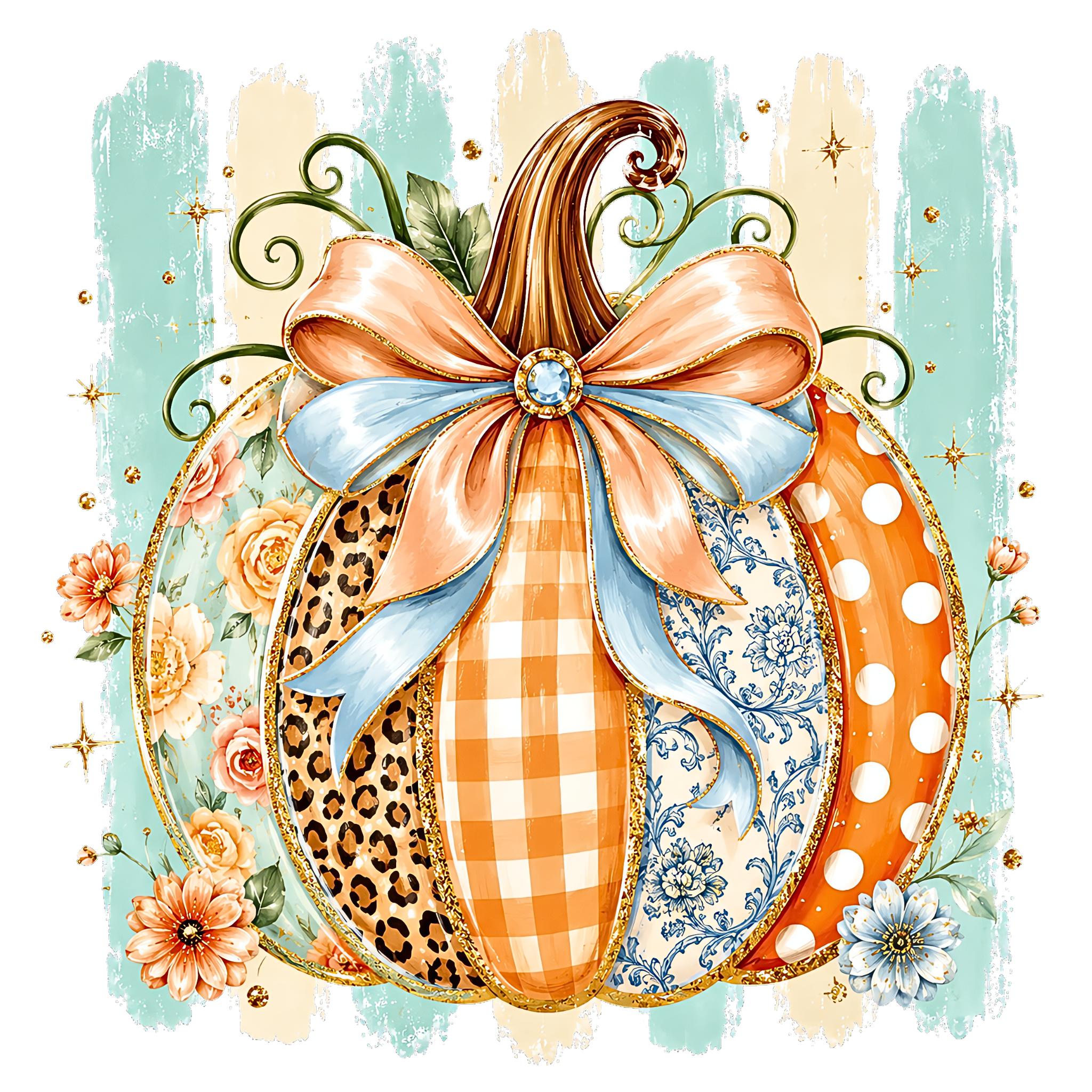 Patchwork Fall Pumpkin DTF transfer design
