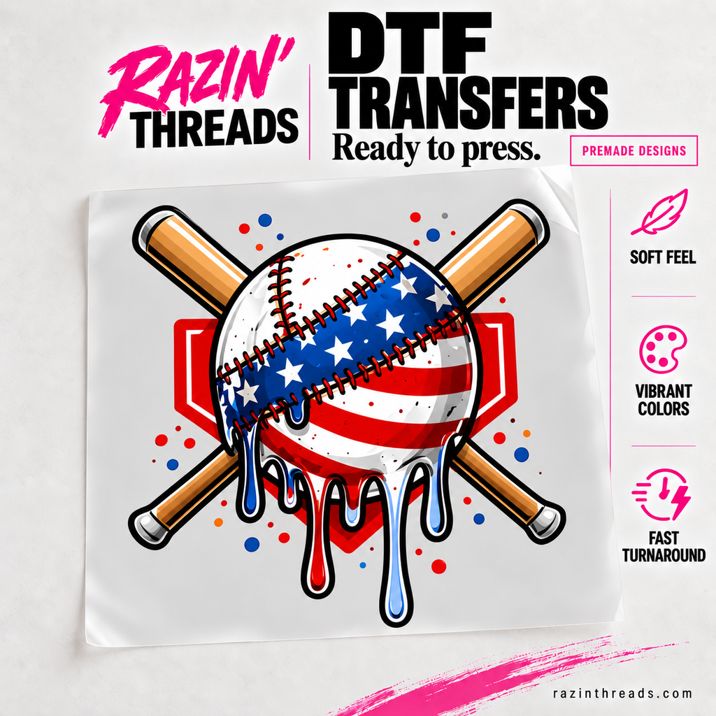 Patriotic Baseball Bats DTF Transfer – Red White and Blue Sports Print on transfer film with Razin’ Threads branding