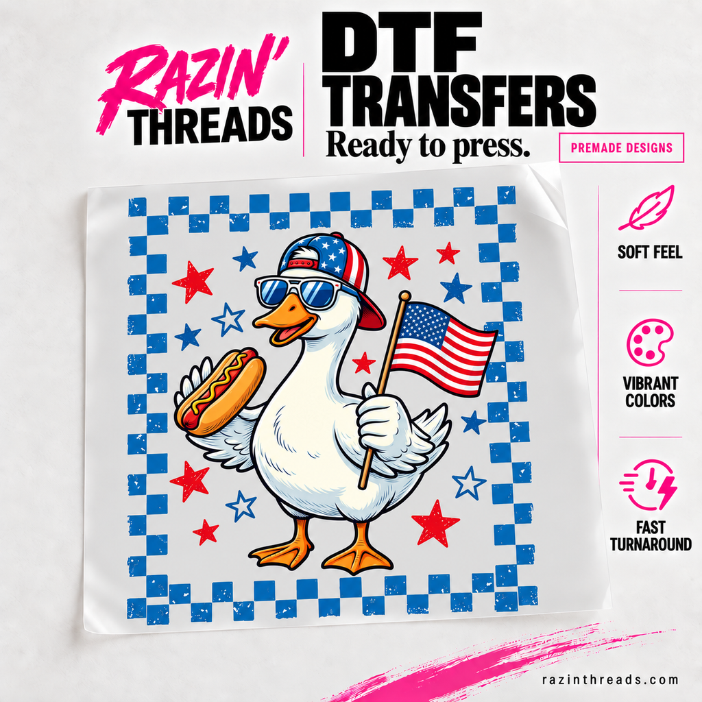 Patriotic Duck DTF Transfer – Red White and Blue Summer Print on transfer film with Razin’ Threads branding
