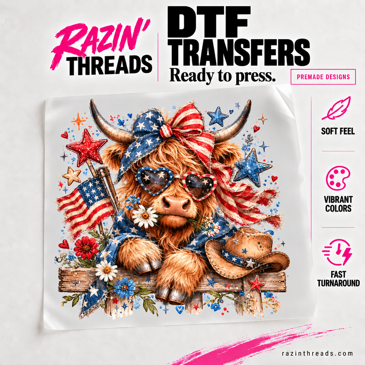 Patriotic Highland Cow DTF Transfer – Red White and Blue Western Print on transfer film with Razin’ Threads branding