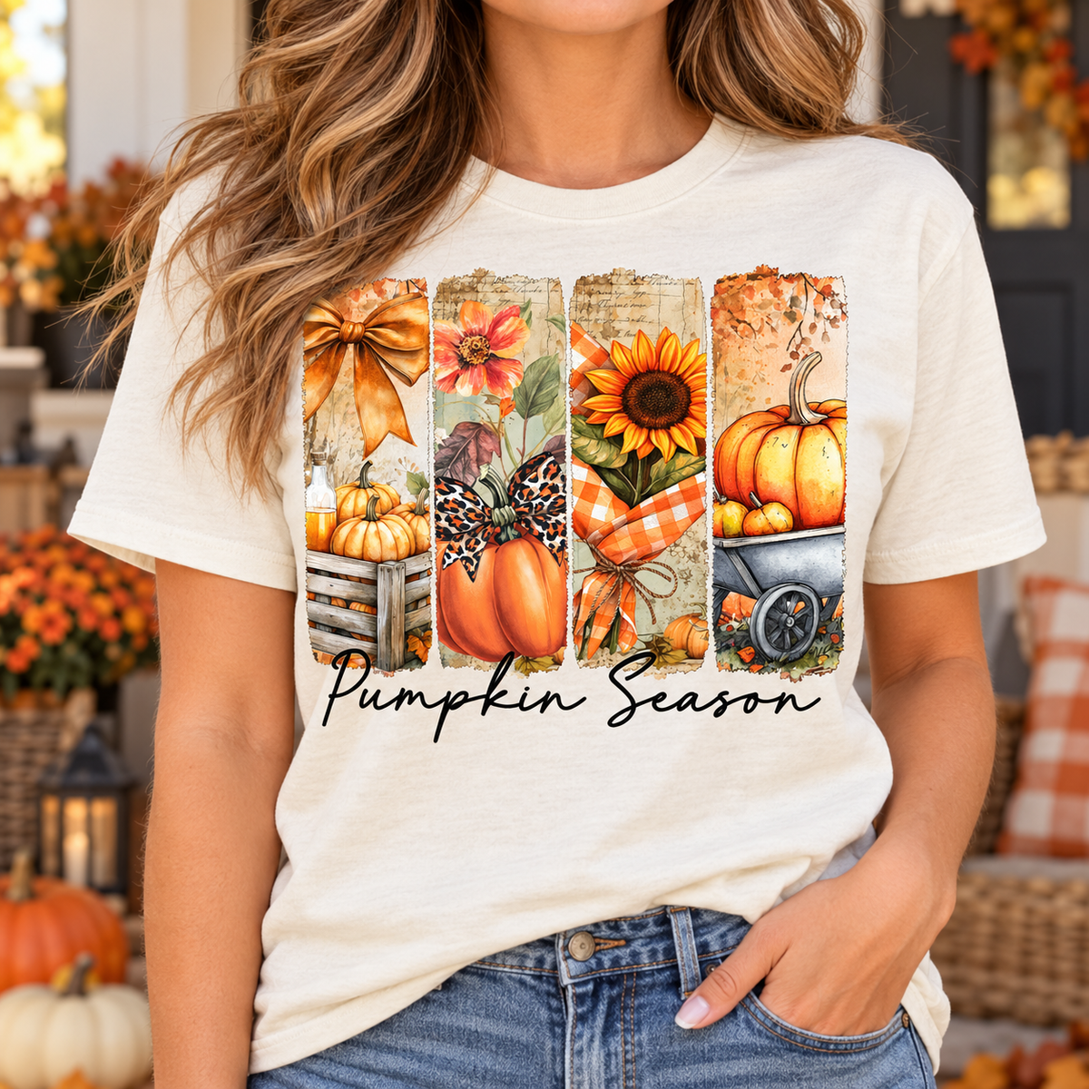 Off-white Pumpkin Season graphic tee with autumn pumpkins, bows and sunflower panels
