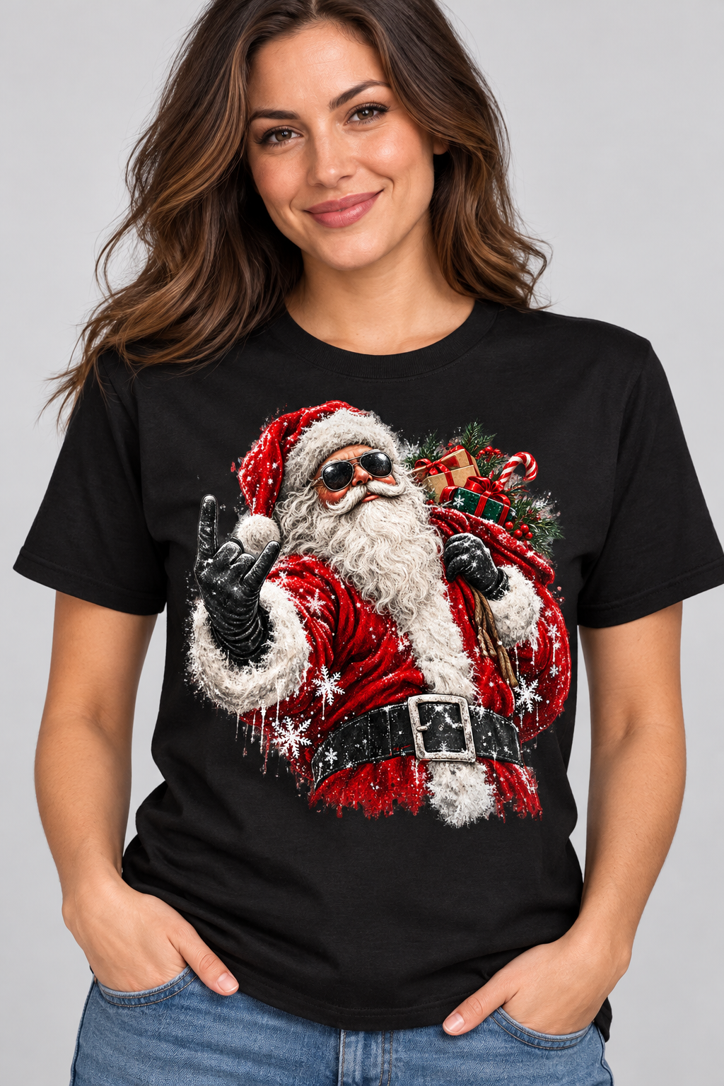 Rocking Santa design on black shirt, shown on model