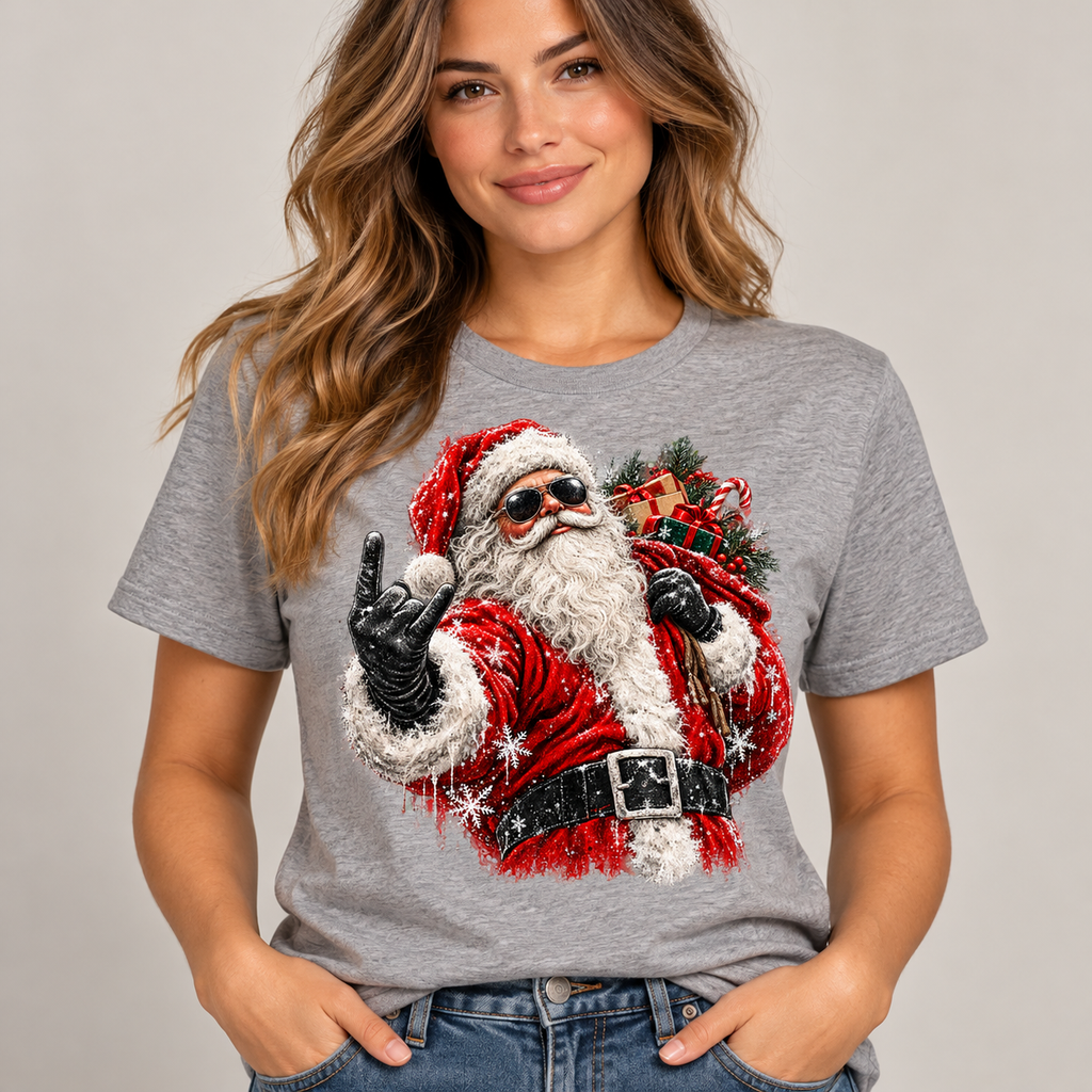 Rocking Santa graphic on gray tee