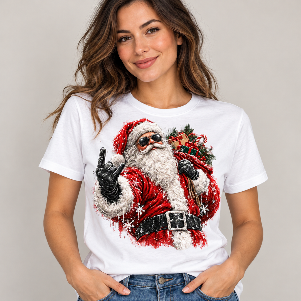Rocking Santa graphic on white tee