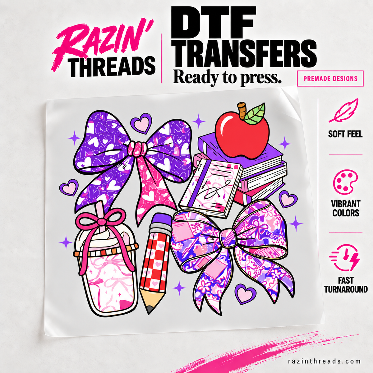 School Bows DTF Transfer – Teacher Supplies Print on transfer film with Razin’ Threads branding