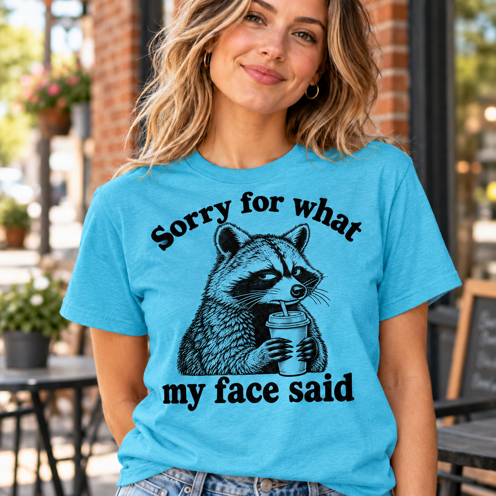Woman wearing Bondi Blue Sorry for What My Face Said raccoon graphic tee