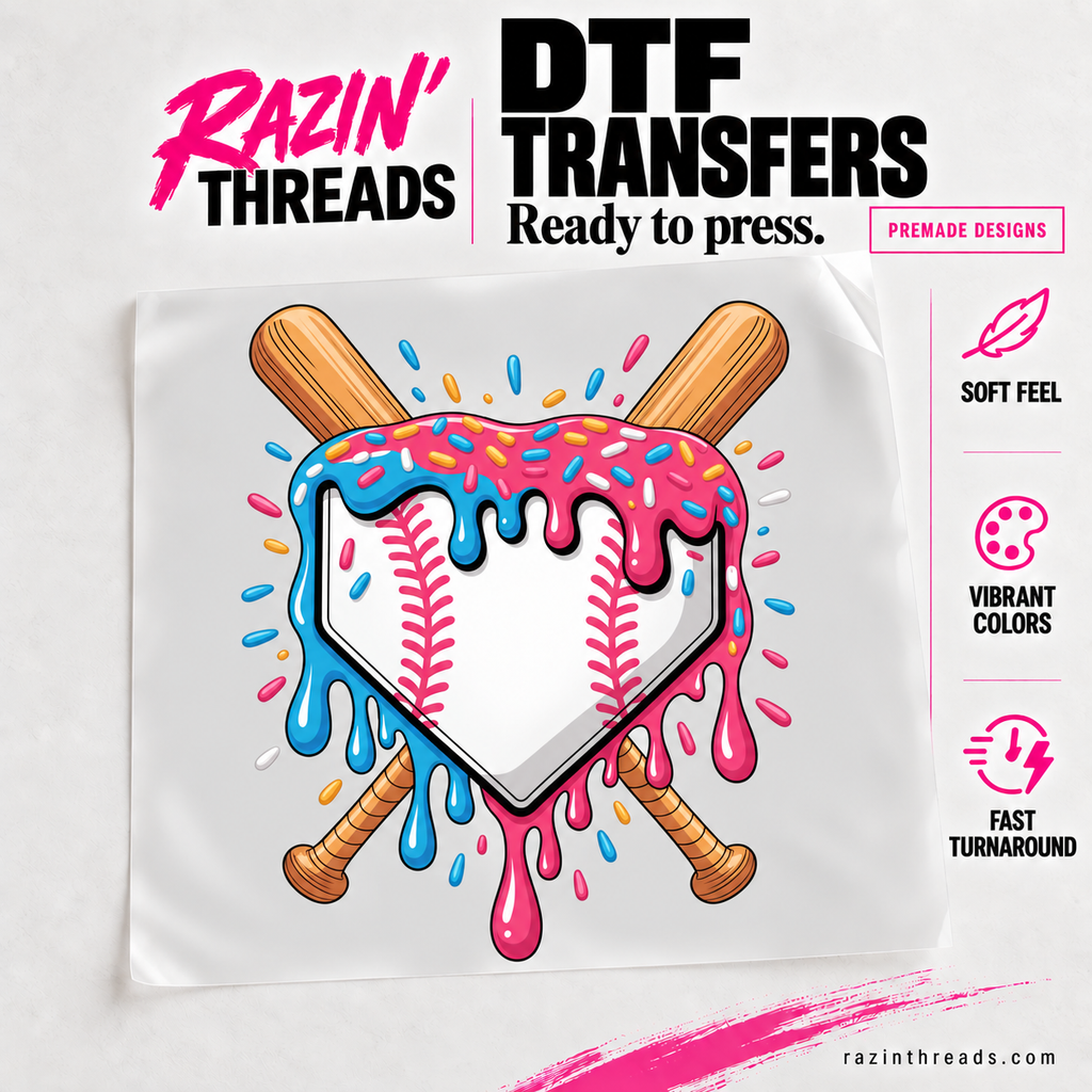 Sweet Baseball Heart DTF Transfer – Pink and Blue Drip Print on transfer film with Razin’ Threads branding