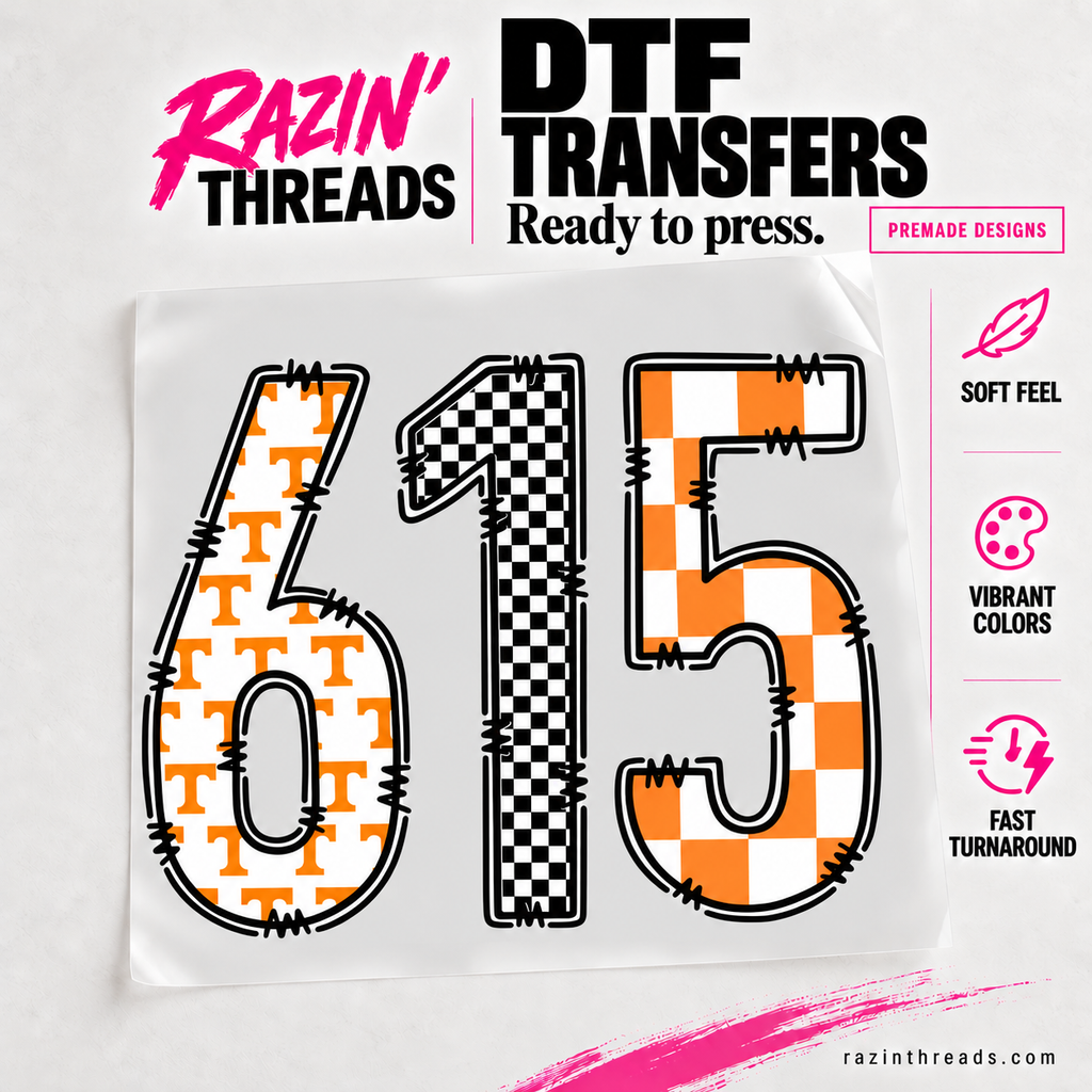 Tennessee 615 DTF Transfer – Orange Checkerboard Local Print on transfer film with Razin’ Threads branding