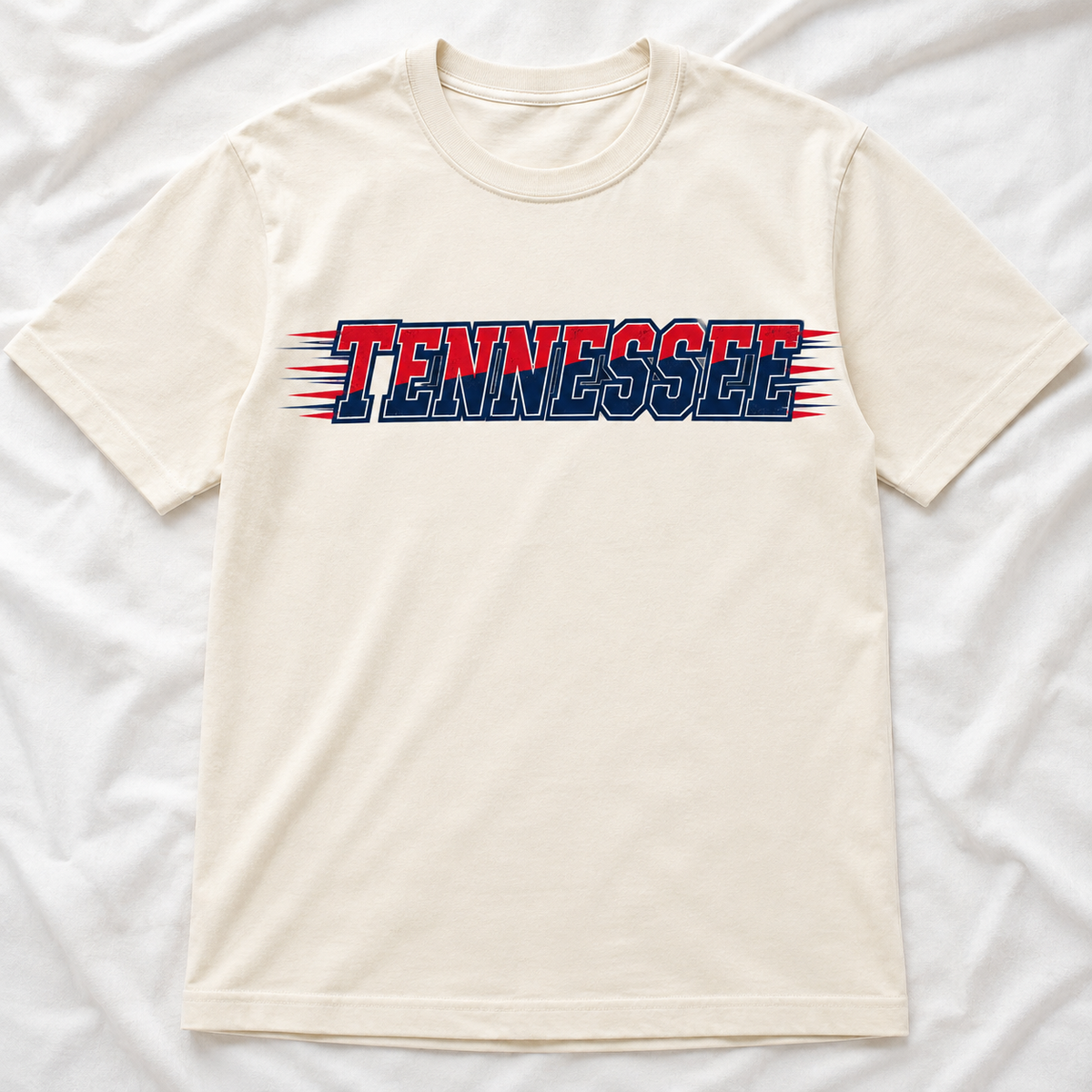 Tennessee red and navy speed lines graphic tee on off-white shirt