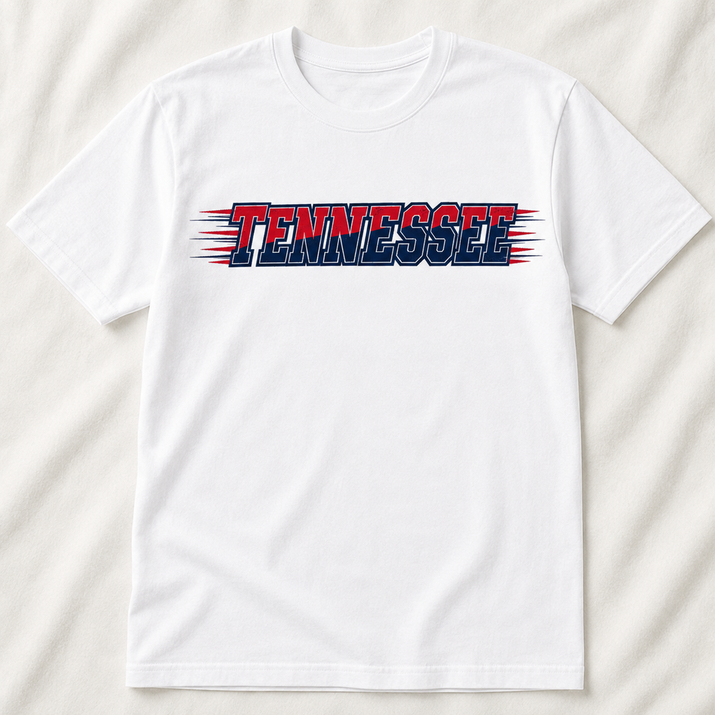 Tennessee red and navy speed lines graphic tee on white shirt