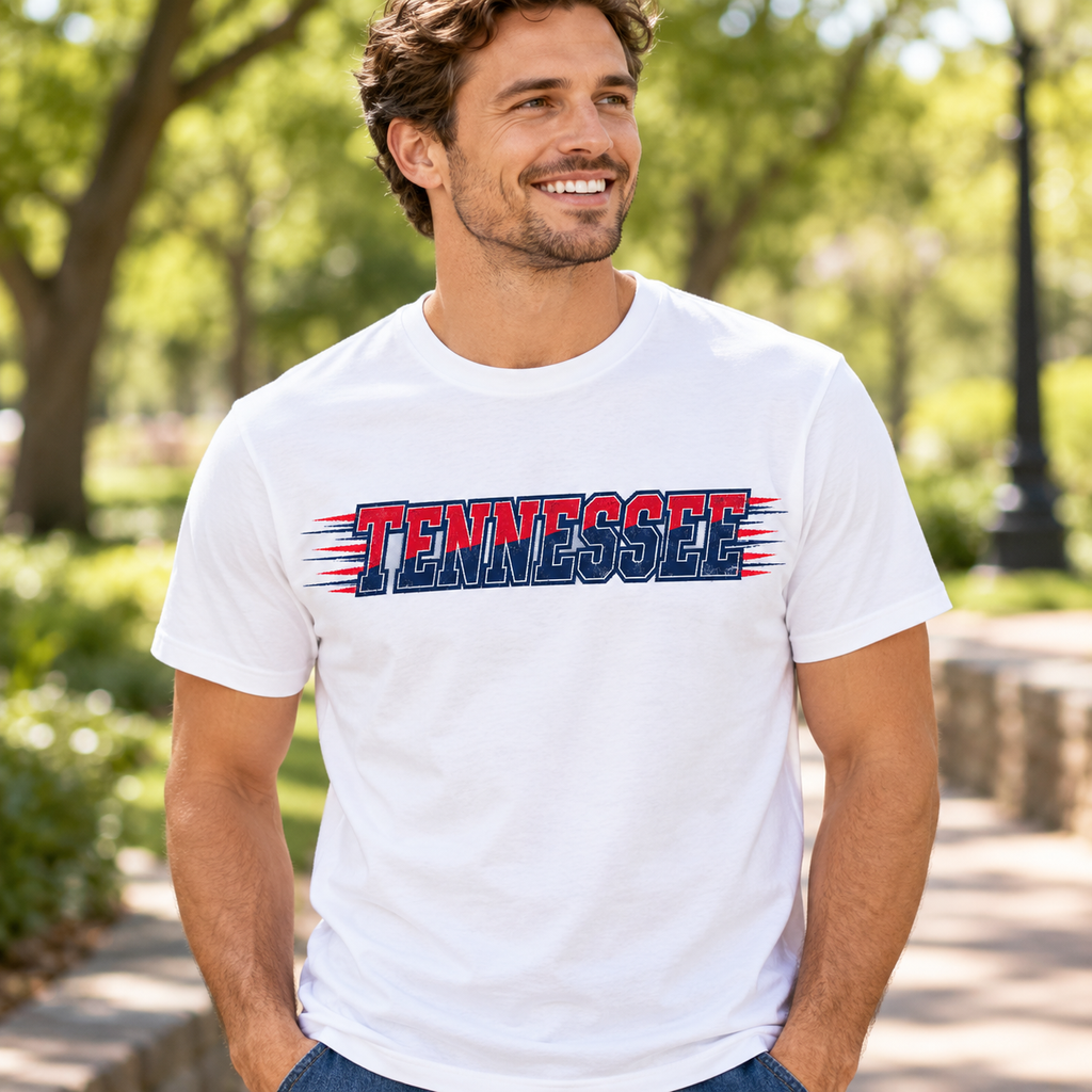Man wearing white Tennessee red and navy speed lines graphic tee