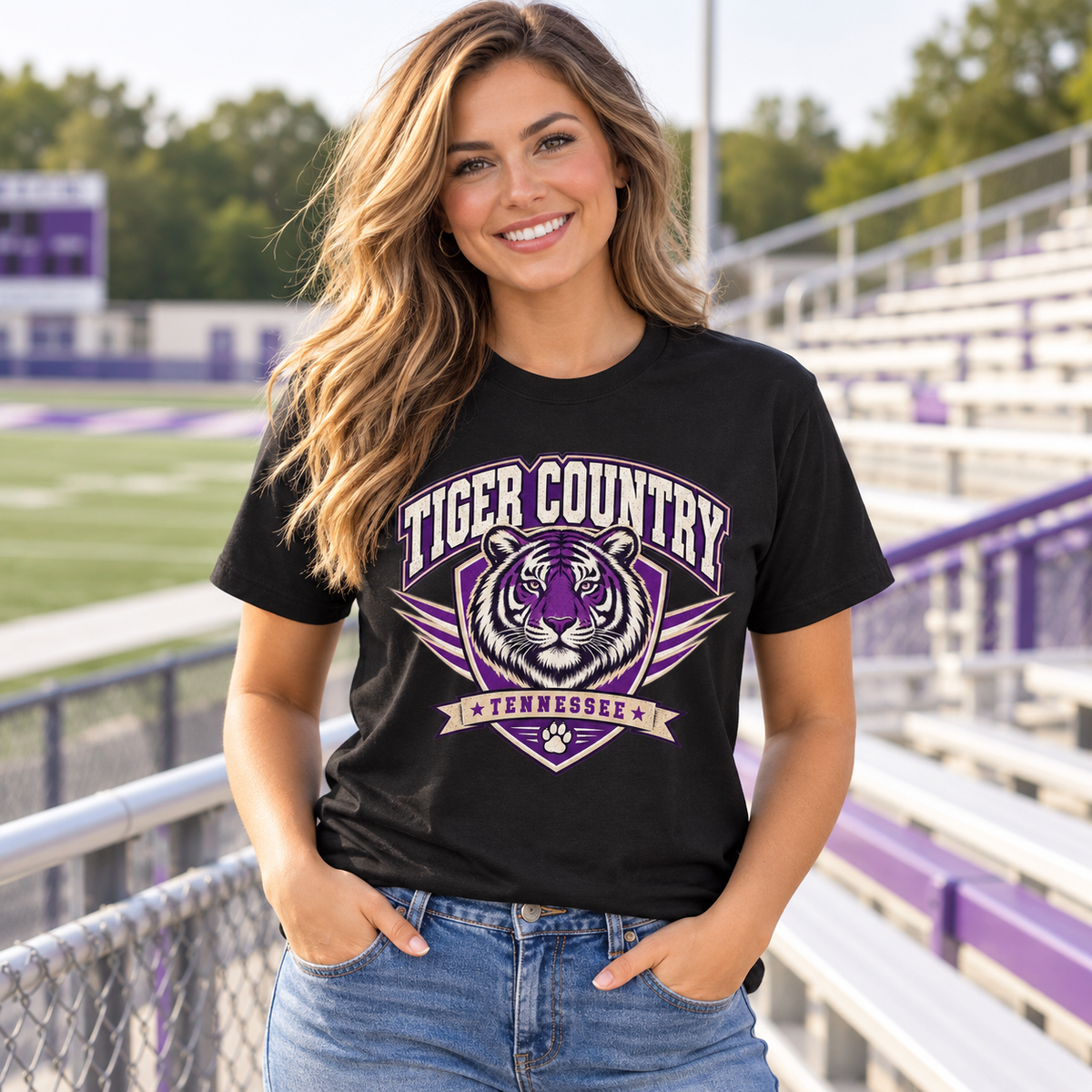 Model wearing Tiger Country Watertown Tennessee Graphic Tee – School Spirit Shirt