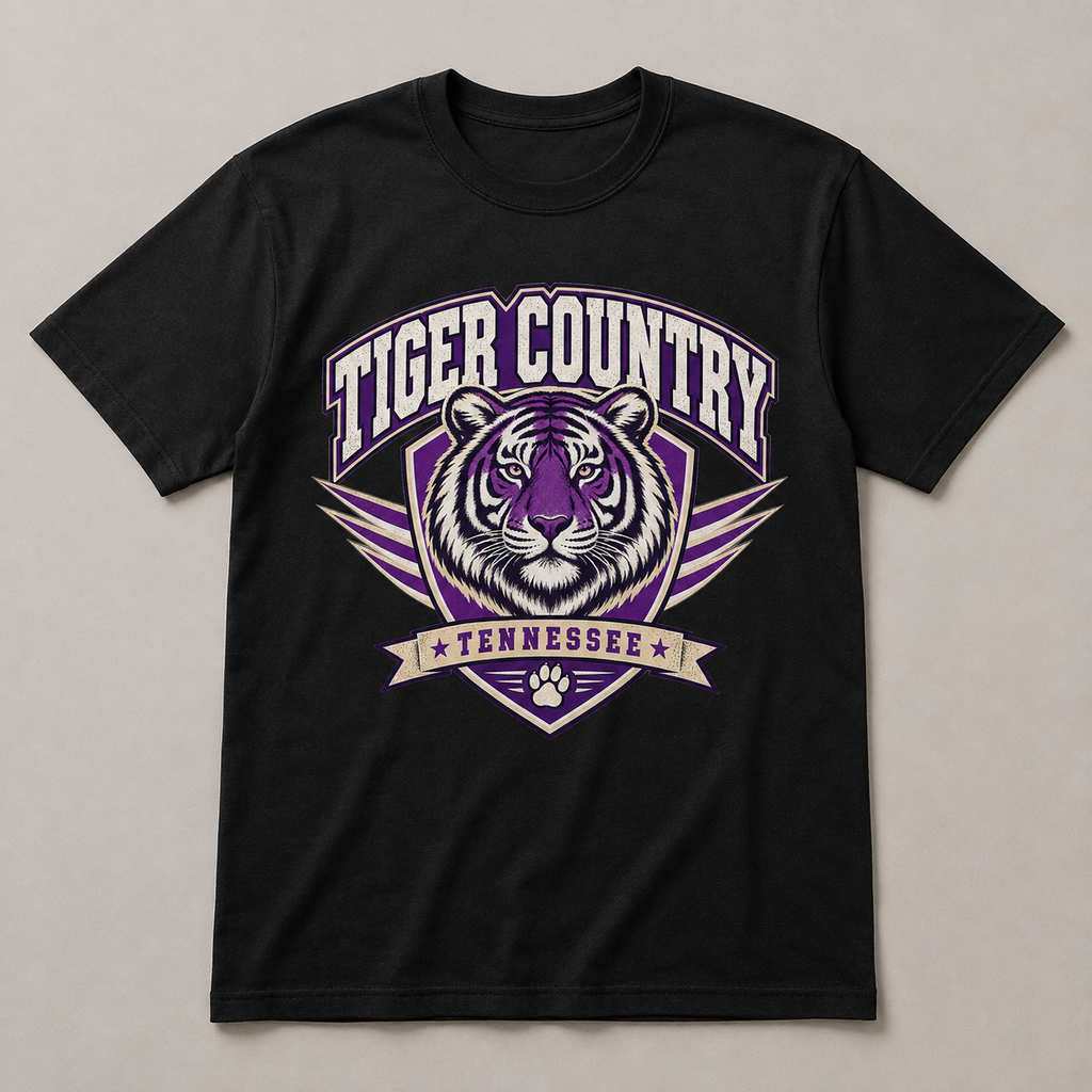 Tiger Country Watertown Tennessee graphic tee on black shirt