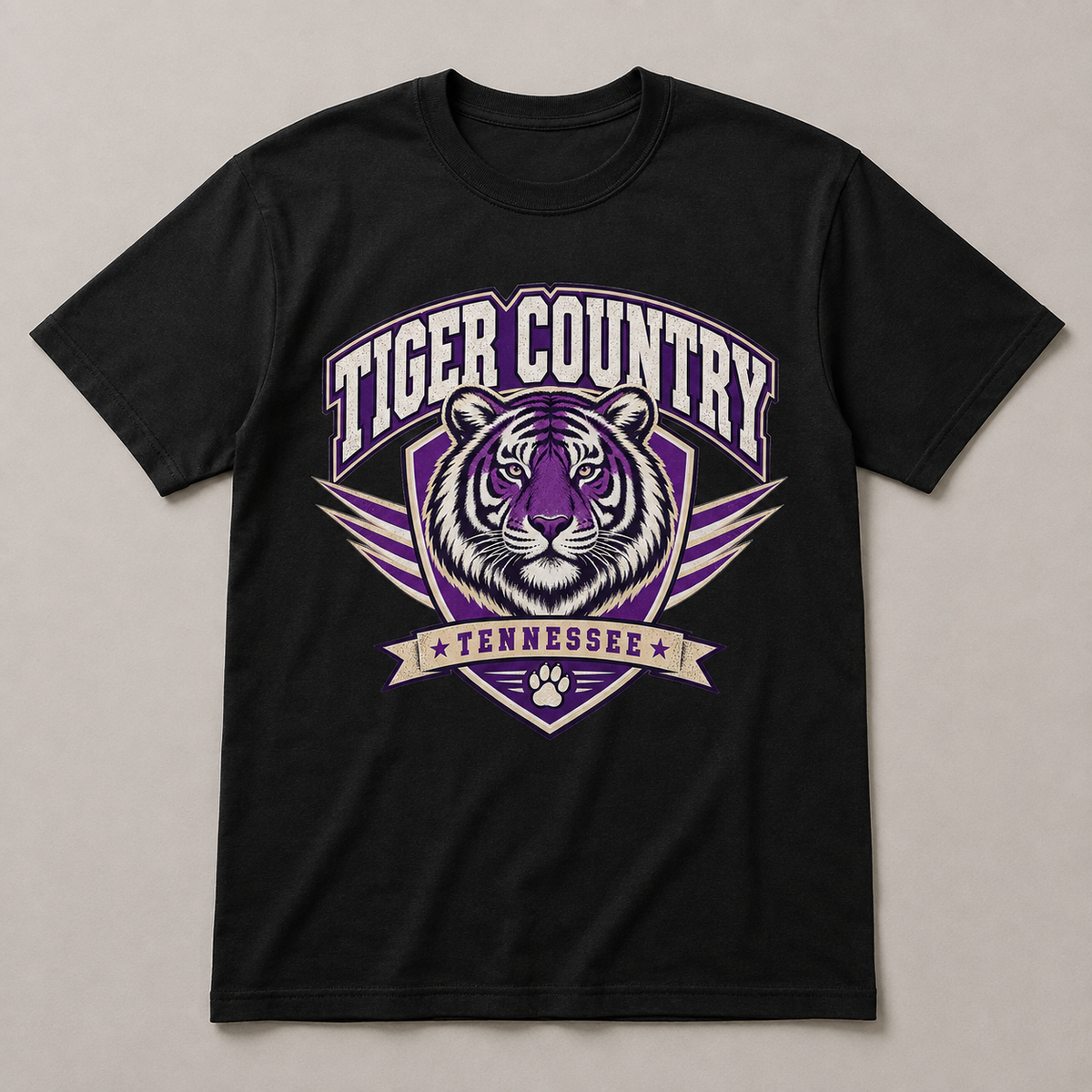 Tiger Country Watertown Tennessee graphic tee on black shirt