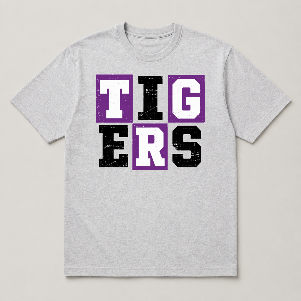 Tigers purple and black grid graphic tee on an ash gray shirt