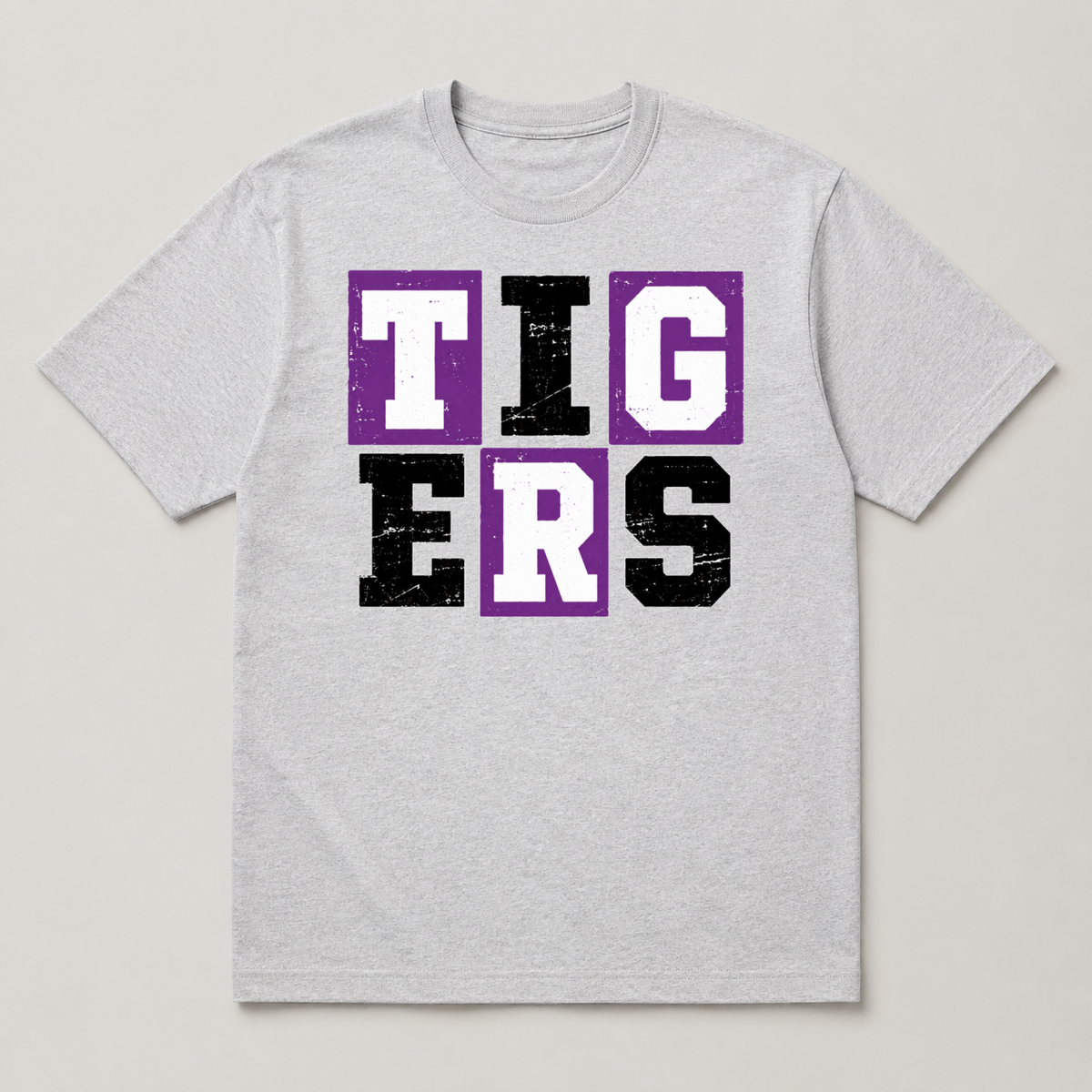Tigers purple and black grid graphic tee on an ash gray shirt