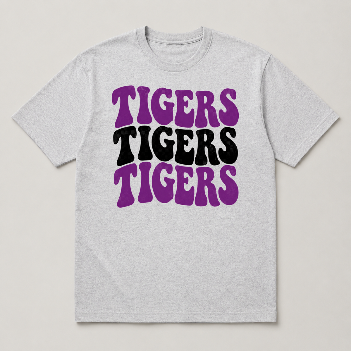 Stacked retro Tigers graphic tee on an ash gray shirt