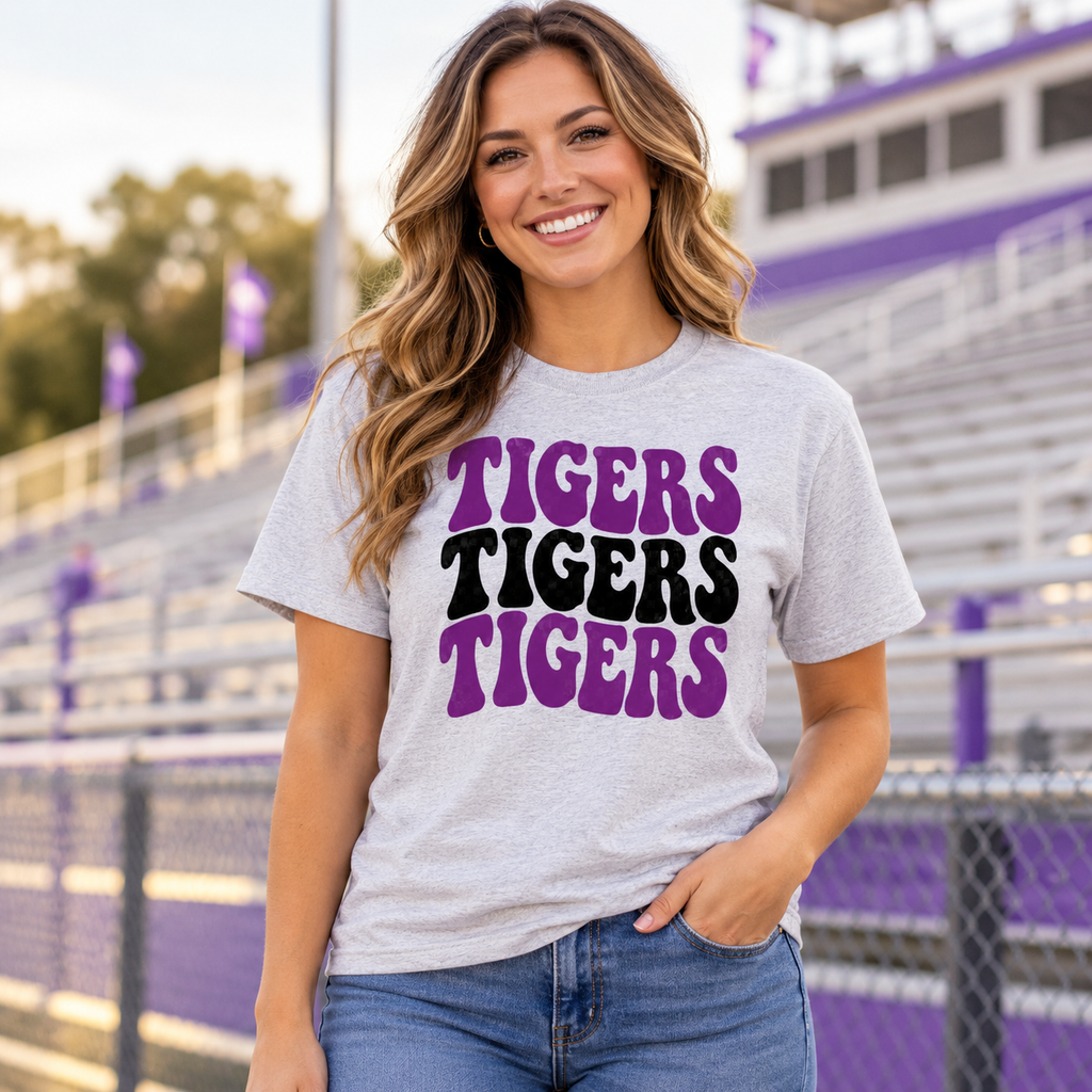 Model wearing Tigers Stacked Retro Graphic Tee – School Spirit Shirt