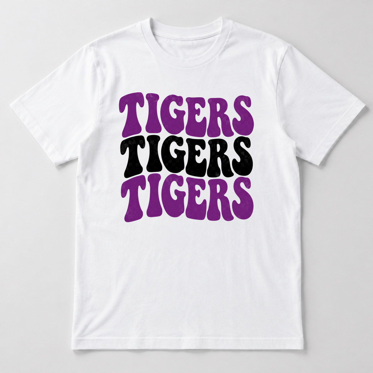 Stacked retro Tigers graphic tee on a white shirt