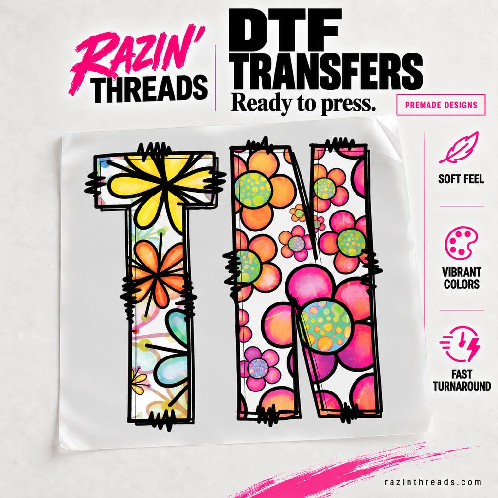 TN Daisy DTF Transfer – Colorful Floral Tennessee Print on transfer film with Razin’ Threads branding
