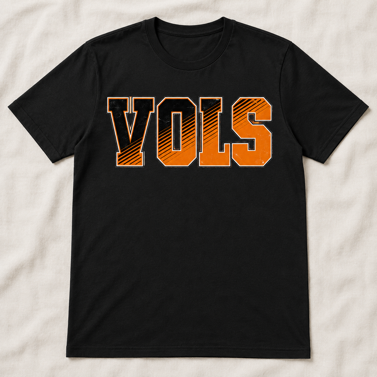 VOLS orange and black diagonal graphic tee on black shirt