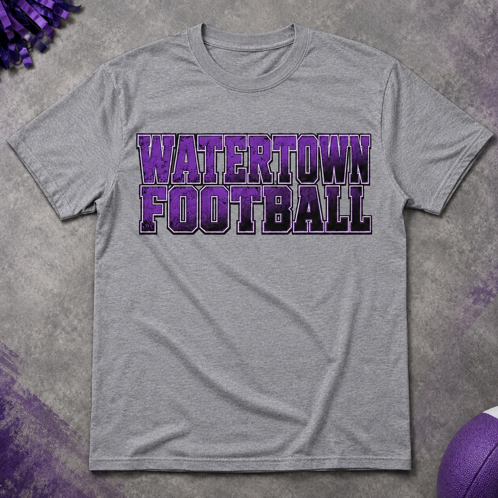 Watertown Football purple and black graphic on a heather gray T-shirt